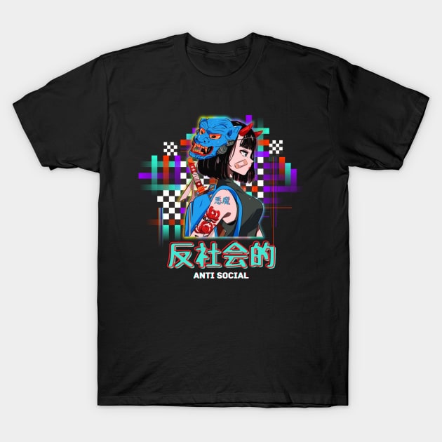 Vaporwave Antisocial Oni Samurai Anime Girl T-Shirt by Sugoi Otaku Gifts